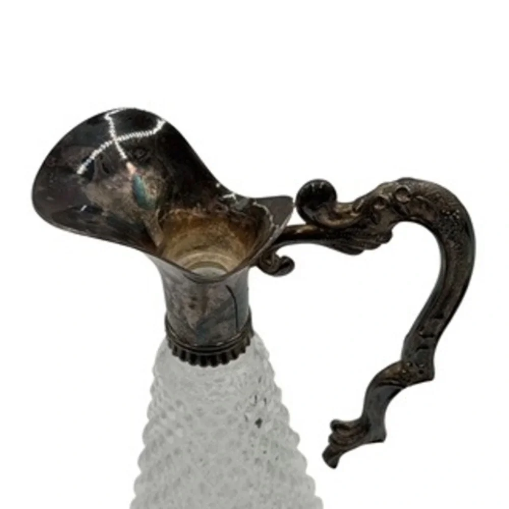 Vintage Diamond Cut Crystal Claret‎ Ornate Silver Tone Handle Decanter Pitcher